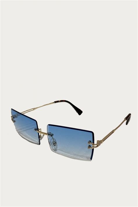 square rimless blue sunglasses|More.